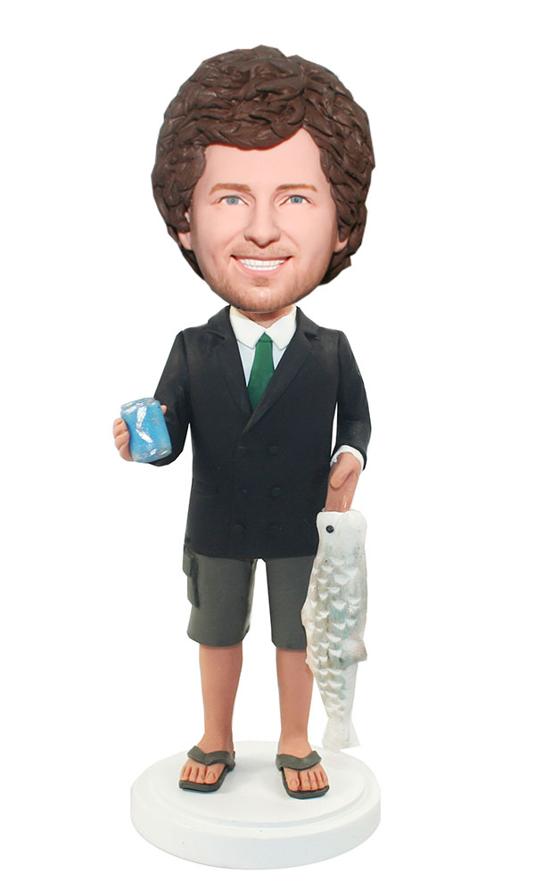 Custom Bobble head Male In Suit And Short Catching A Big Fish